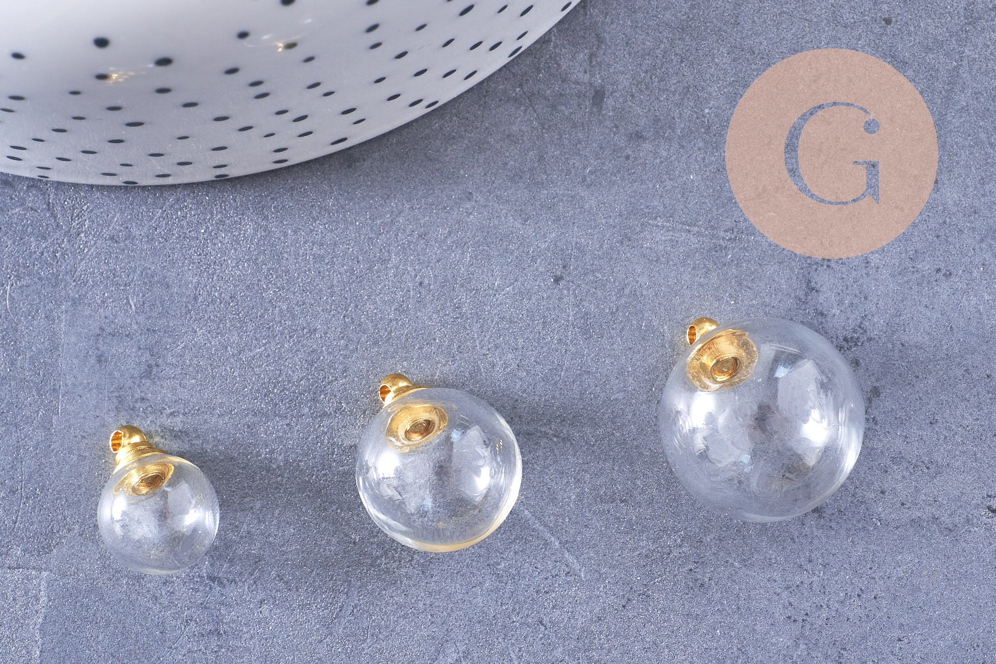 Pendentif Bouteille bulle en verre et bouchon en métal doré 17.5-25mm, x1 (G10658)