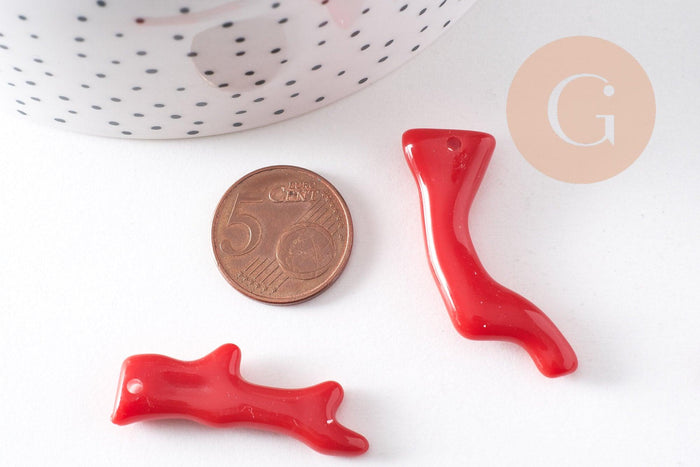 Pendentif Branche forme corail plastique rouge 27-47mm, x5 (G10490)