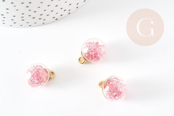 Pendentif Bulle globe verre chips rose et CCB doré 20mm, création bijoux original DIY, x1 (G9129)