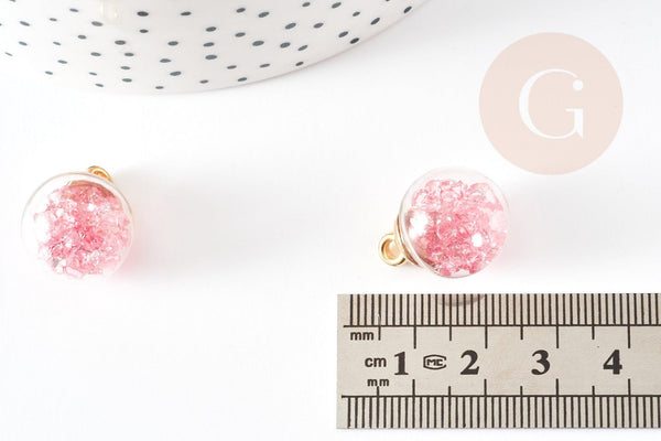 Pendentif Bulle globe verre chips rose et CCB doré 20mm, création bijoux original DIY, x1 (G9129)