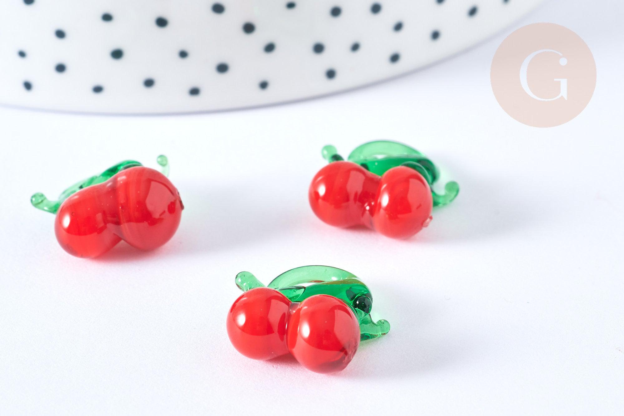Pendentif Cerise fruit rouge verre 17~19mm, x5 (G7892)
