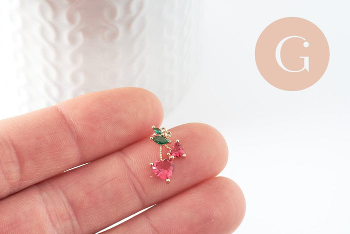 Pendentif Cerise laiton doré zircons rouge et vert 16.5mm x1 (G8880)
