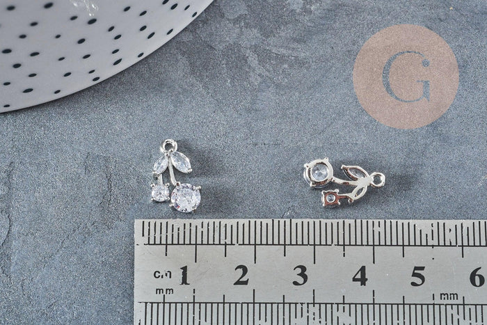 Pendentif Cerise laiton platine zircons blancs 14mm x1 G8894