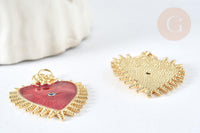 Pendentif Cœur mauvais œil émail rouge foncé laiton doré 30mm, x1 (G8407)