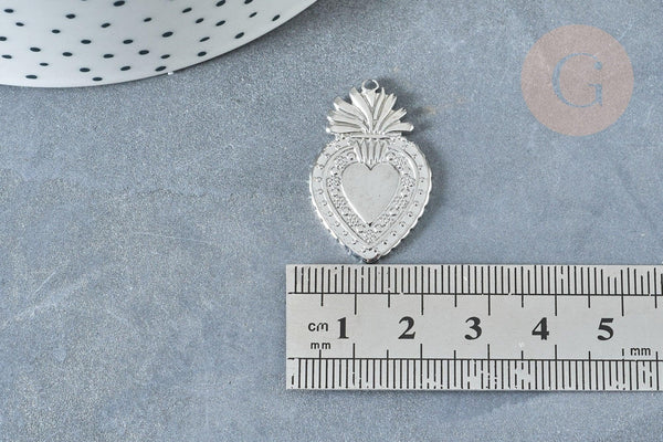 Pendentif Cœur sacré acier 304 inoxydable platine 30mm, x1 (G8018)