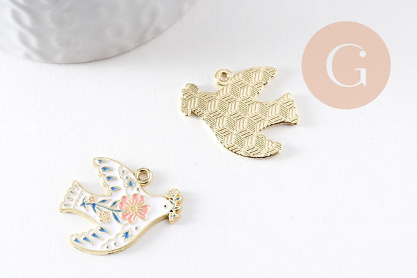 Pendentif Colombe blanc à fleurs zamac doré 26mm, x2 (G10041)