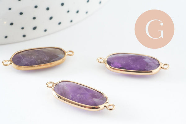 Pendentif Connecteur ovale améthyste naturelle laiton doré 27mm, x1 (G9929)