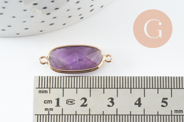 Pendentif Connecteur ovale améthyste naturelle laiton doré 27mm, x1 (G9929)
