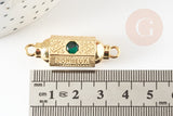 Pendentif Connecteur tube talisman zircon vert doré 18K 34mm BONHEUR, connecteur laiton pour créations bijoux bonheur, x1 G9237