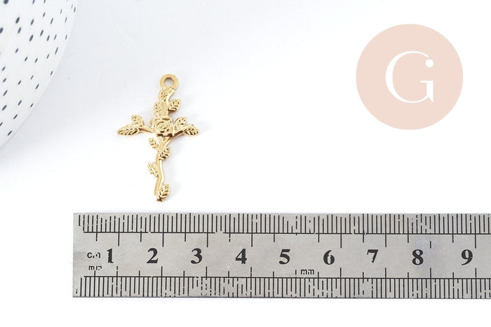 Pendentif Croix Fleur de rose acier 304 inoxydable IP doré, x1 (G9014)