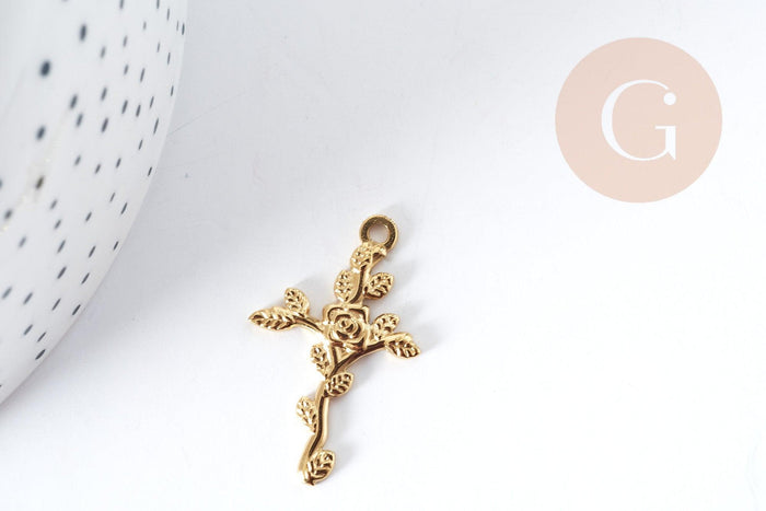 Pendentif Croix Fleur de rose acier 304 inoxydable IP doré, x1 (G9014)
