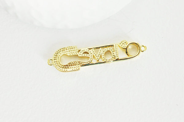 Pendentif Epingle à nourrice LOVE laiton doré 18k cristal,sans nickel,coeur bijoux,pendentif amour, Pendentif zircon,41mm x1 (G5321)