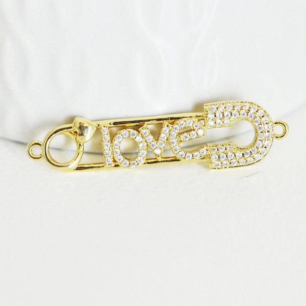 Pendentif Epingle à nourrice LOVE laiton doré 18k cristal,sans nickel,coeur bijoux,pendentif amour, Pendentif zircon,41mm x1 (G5321)