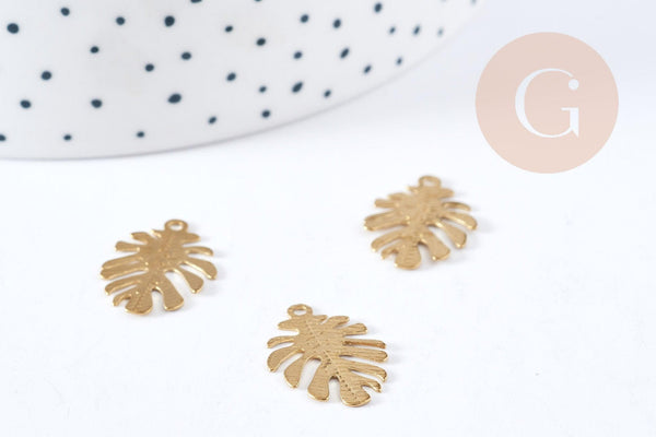 Pendentif Feuille Monstera striée laiton brut 13mm, fabrication bijoux fantaisie thème nature x2 G9252