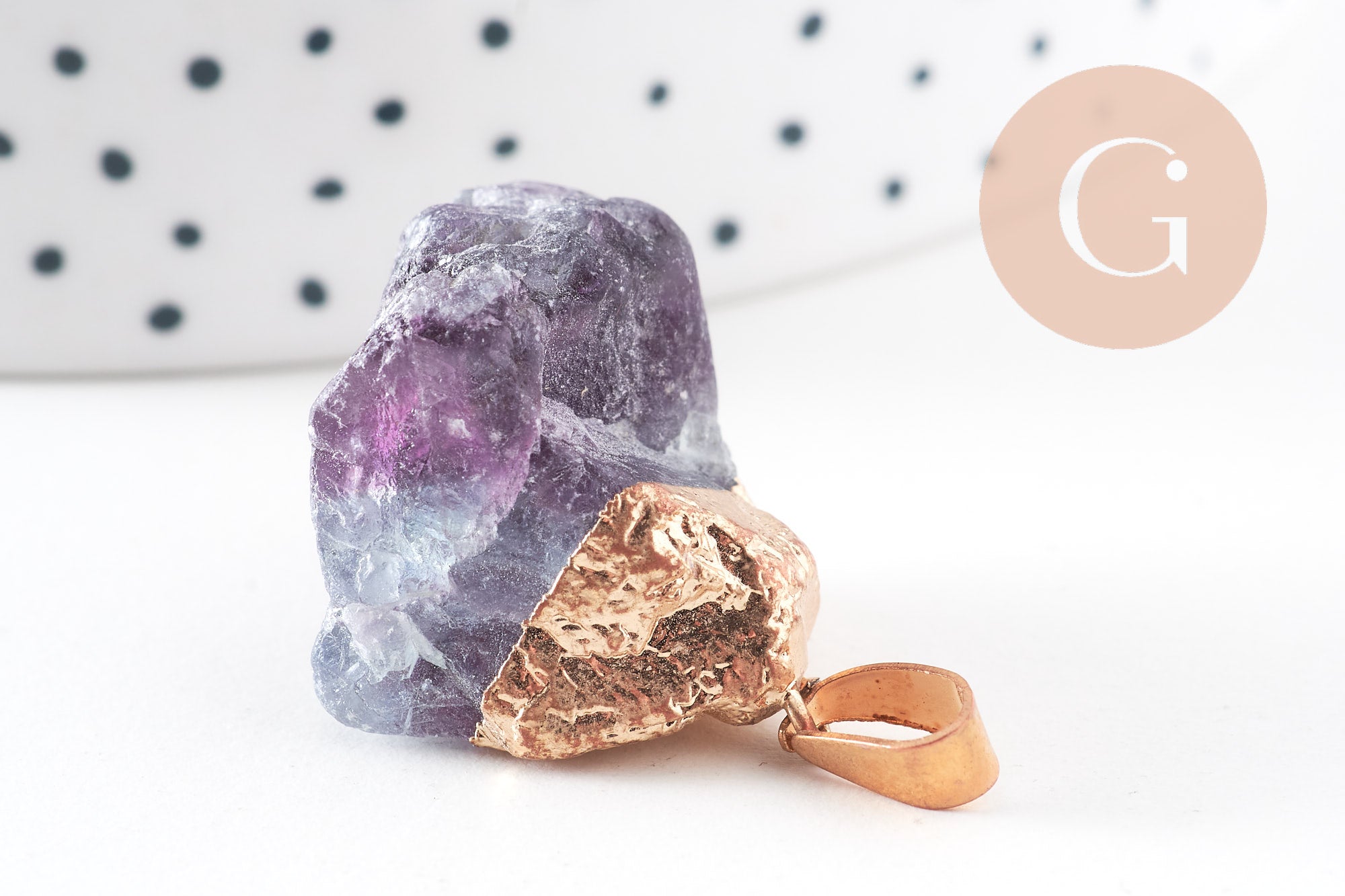 Pendentif Fluorite naturelle brute, Pointe support doré,pierre naturelle,pierre fluorite, x1 (G0849)