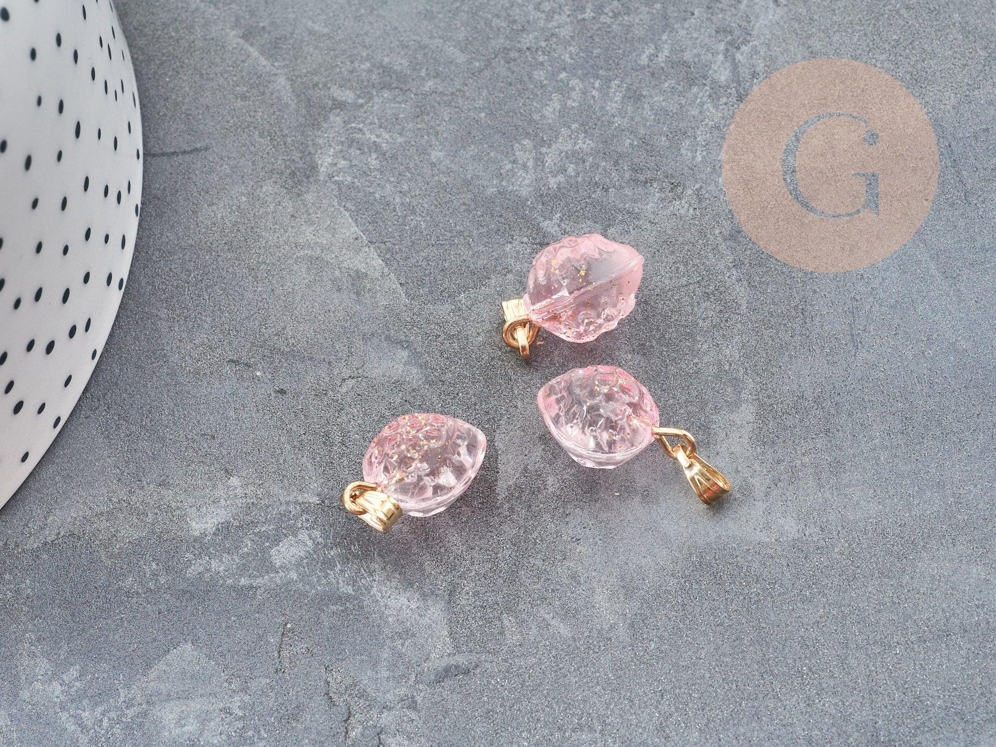 Pendentif Fraise verre rose fer doré 17~18x11~12x10mm, collier pendentif, pendentif fraise, 17~18mm, x1 (G9060)