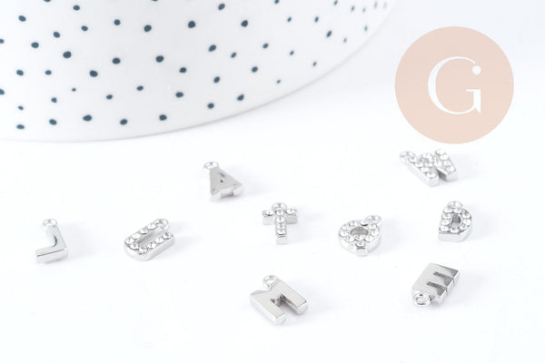 Pendentif Lettre acier 304 inoxydable argenté lettre cristal blanc 10mm, initiale prenom, x1 G8932