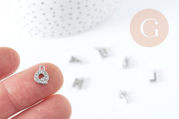 Pendentif Lettre acier 304 inoxydable argenté lettre cristal blanc 10mm, initiale prenom, x1 G8932