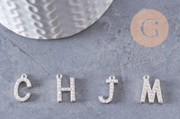 Pendentif Lettre acier 304 inoxydable argenté lettre cristal blanc, sans nickel,lettre initiale prenom,15.5mm, x1 (G4618)