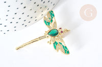 Pendentif Libellule insecte ailé laiton doré zircons 42mm, x1 (G8072)