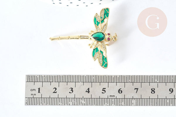 Pendentif Libellule insecte ailé laiton doré zircons 42mm, x1 (G8072)