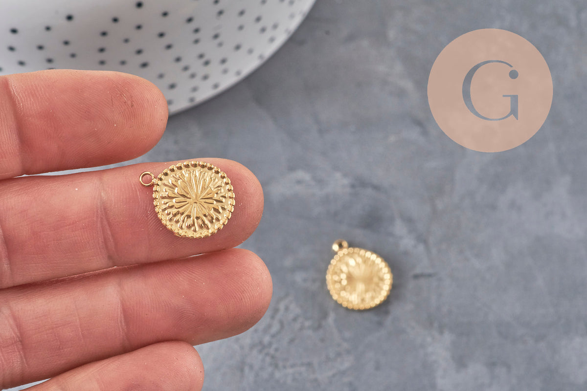 Pendentif Médaille fleur acier 304 inoxydable doré IP 18.5mm, x1 (G11326)