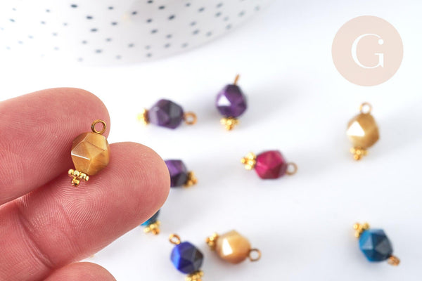 Pendentif Œil de tigre naturel teinté zamac doré coloré 13mm, x1 (G7933)