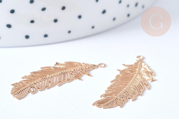 Pendentif Plume laiton doré 33,5mm, breloque laiton doré, x2 (G7789)