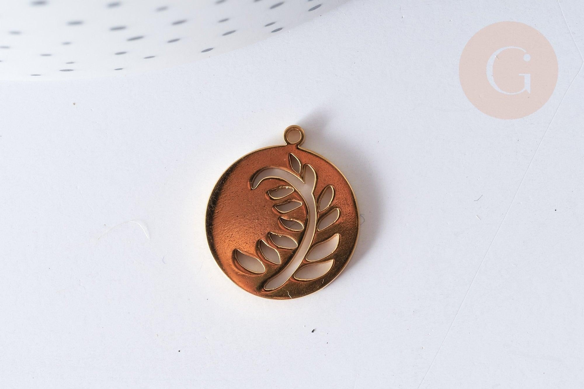 Pendentif Rond plat feuille acier 201 inoxydable doré PVD 18mm, x1 (G7973)
