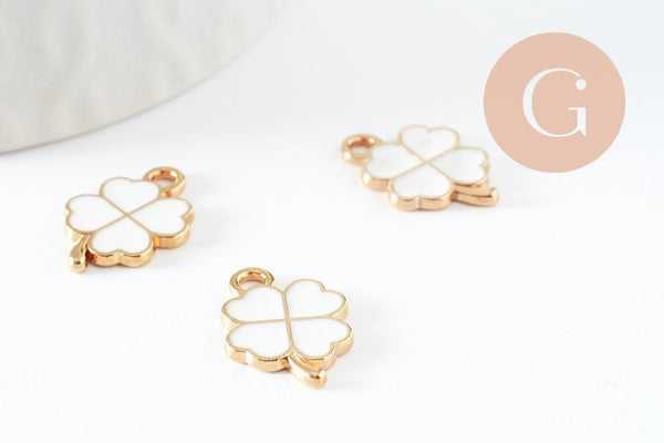 Pendentif Trèfle à 4 feuille zamac doré émail blanc 18mm, x2 (G5497)