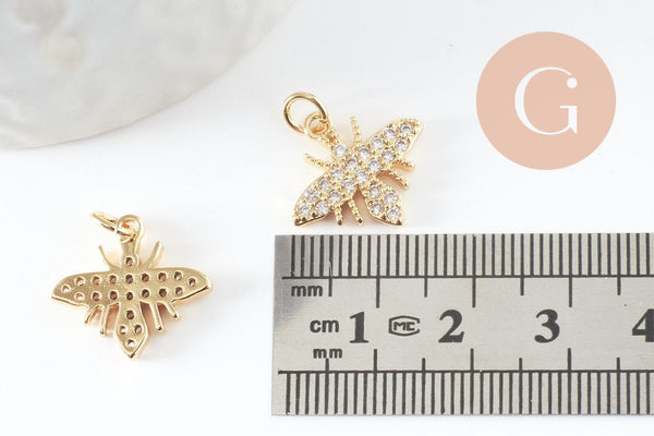 Pendentif abeille laiton doré zircons, fournitures pour bijoux, bijou laiton,pendentif laiton brut,17mm, x1 (G3332)