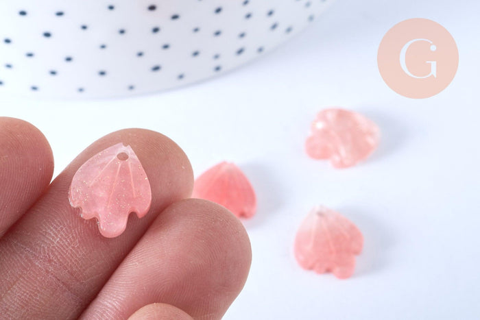 Pendentif acétate feuille rose paillettes, perles plastique,connecteur feuille plastique 15mm x10 (G4015)