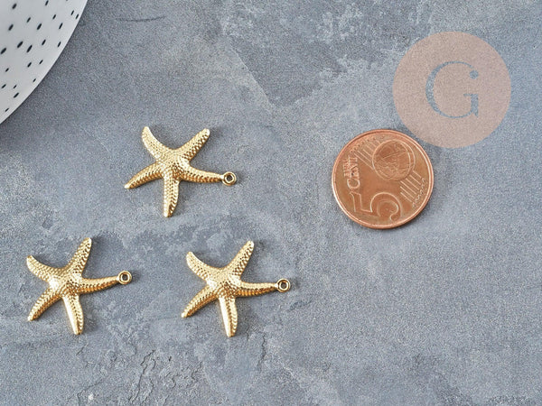 Pendentif acier 304 inoxydable doré étoile de mer 22mm, pendentif acier inoxydable, x2 (G4123)