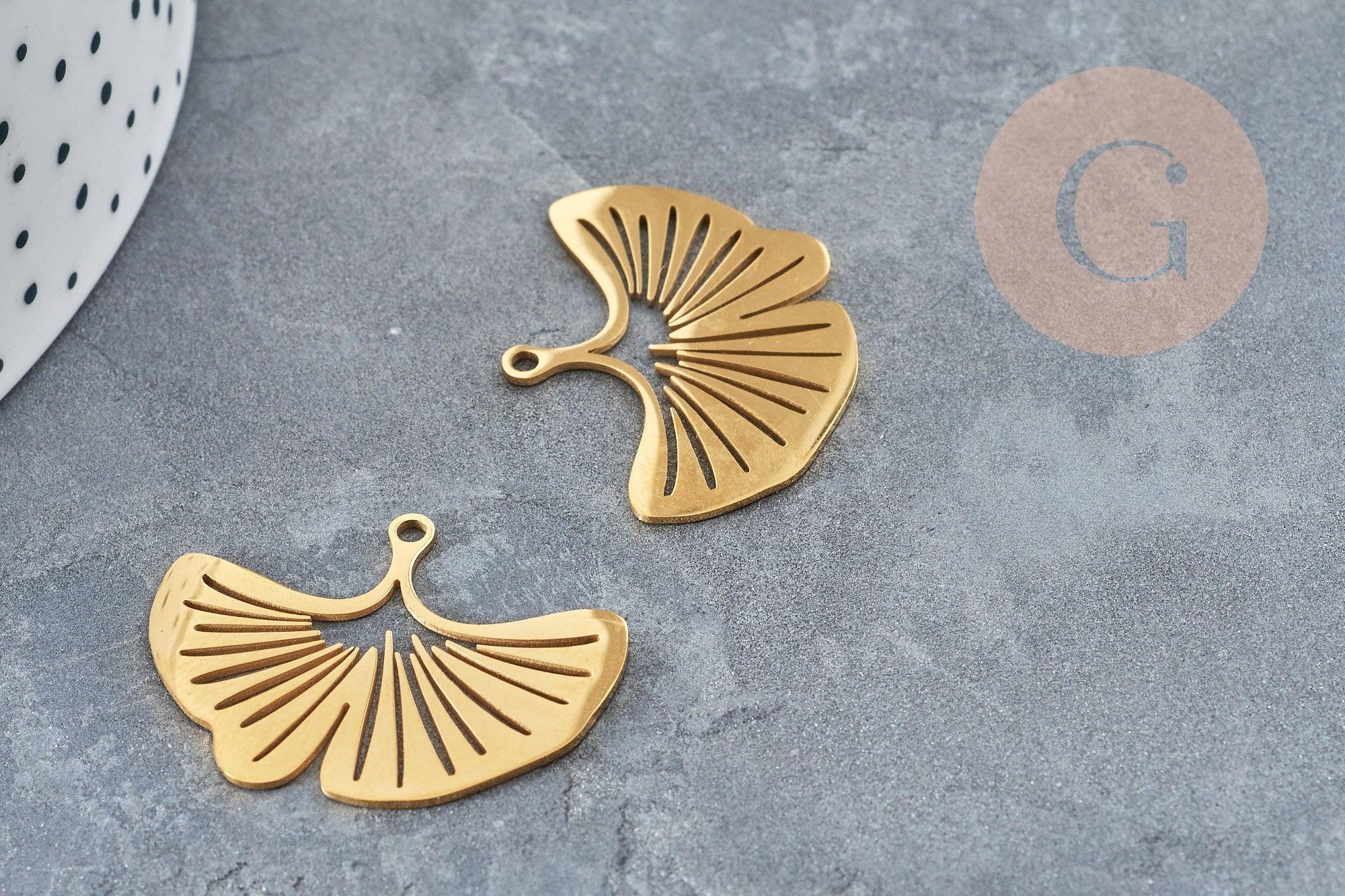 Pendentif acier 304 inoxydable doré feuille gingko 23mm, x1 (G6129)