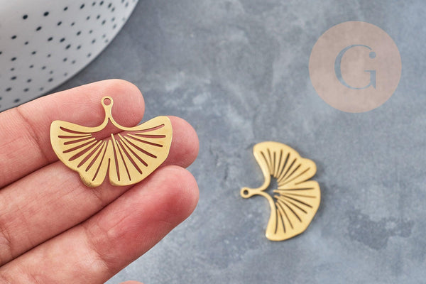 Pendentif acier 201 inoxydable doré feuille gingko 23mm,breloque acier inoxydable sans nickel, x1 (G6129)