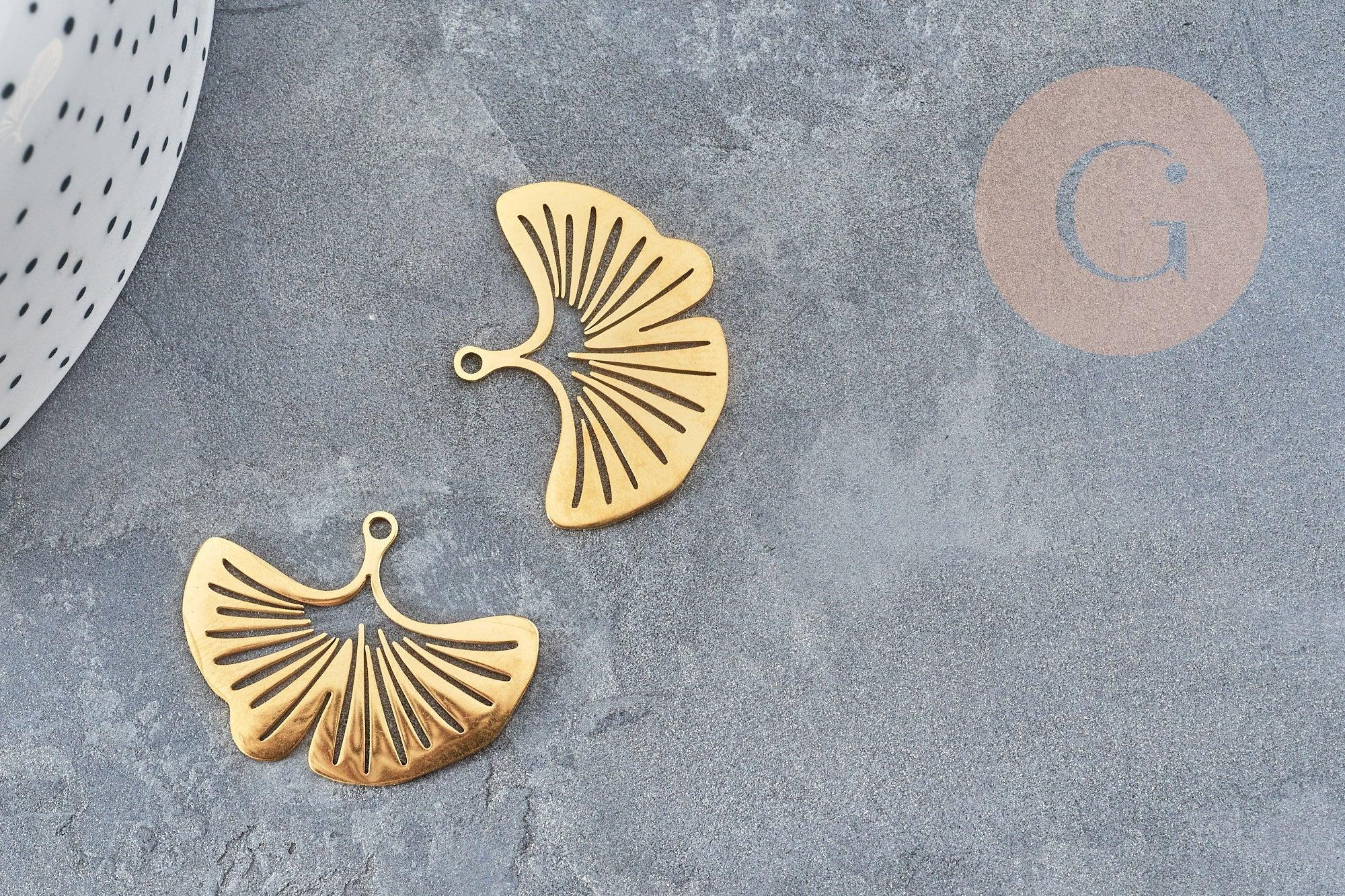 Pendentif acier 304 inoxydable doré feuille gingko 23mm, x1 (G6129)