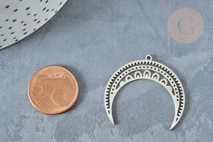 Pendentif acier argenté lune et étoiles 31mm, x1 (G8189)
