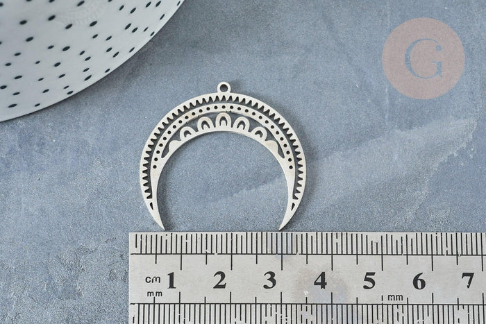 Pendentif acier argenté lune et étoiles 31mm, x1 (G8189)