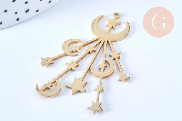 Pendentif acier doré lunes et étoiles 53mm, breloque doré, acier inoxydable doré, pendentif sans nickel, x1 G6385