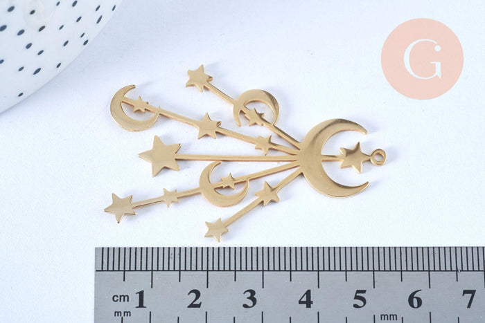 Pendentif acier doré lunes et étoiles 53mm, breloque doré, acier inoxydable doré, pendentif sans nickel, x1 G6385