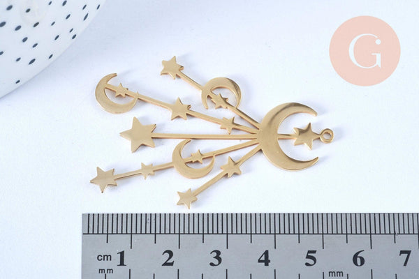 Pendentif acier doré lunes et étoiles 53mm, breloque doré, acier inoxydable doré, pendentif sans nickel, x1 G6385