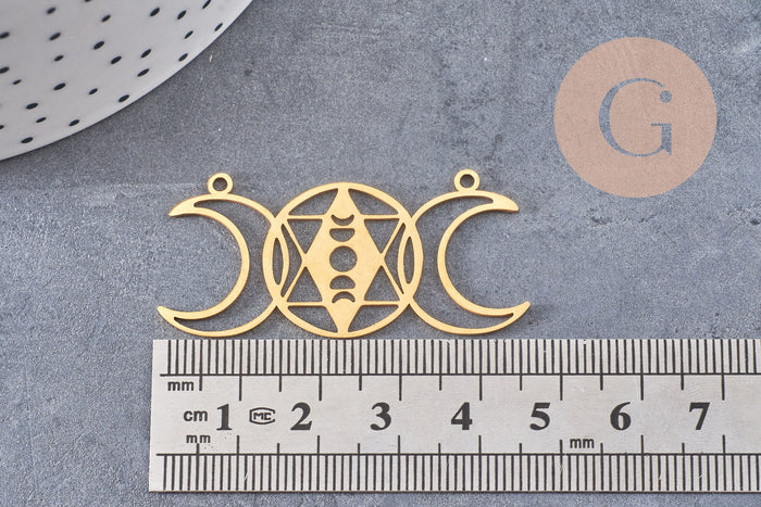 Pendentif acier dore lunes géométriques, breloque doré, acier inoxydable doré, pendentif sans nickel,création bijoux,47mm, x1 G5695