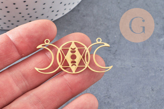 Pendentif acier dore lunes géométriques, breloque doré, acier inoxydable doré, pendentif sans nickel,création bijoux,47mm, x1 G5695