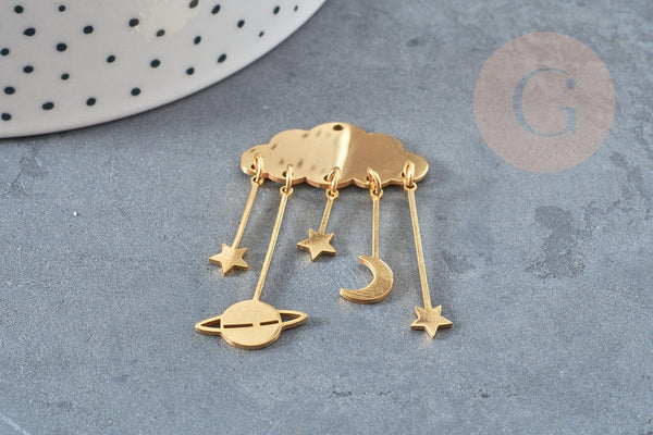 Pendentif acier doré nuage et constellations 49mm, breloque , acier inoxydable doré, pendentif sans nickel, x1 (G5736)