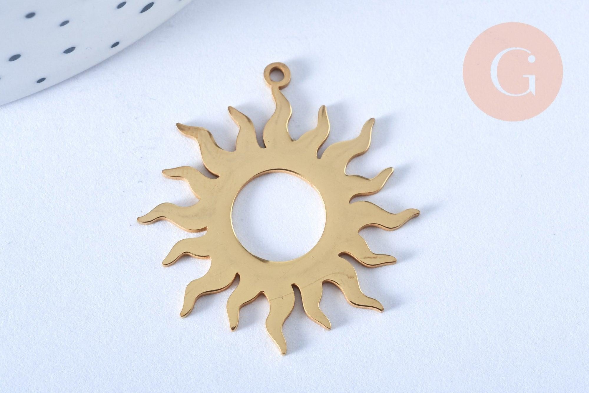 Pendentif acier inoxydable 304 doré soleil 32.5mm, x1 (G6148)