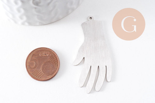 Pendentif acier platine main mystique 49mm,breloque acier inoxydable argenté sans libération de nickel, x1 (G6027)