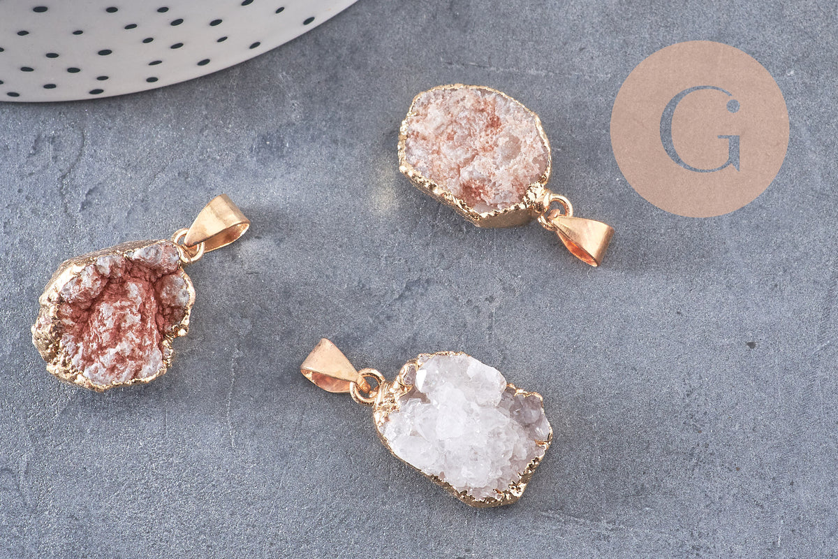 Pendentif agate blanche druzy, pendentif pierre, support doré, pierre naturelle,30mm, x1 (G1482)