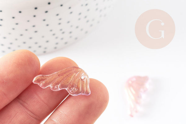 Pendentif aile verre violet rose or 24.5mm ,pendentif verre pour création bijoux, x10 (G5833)