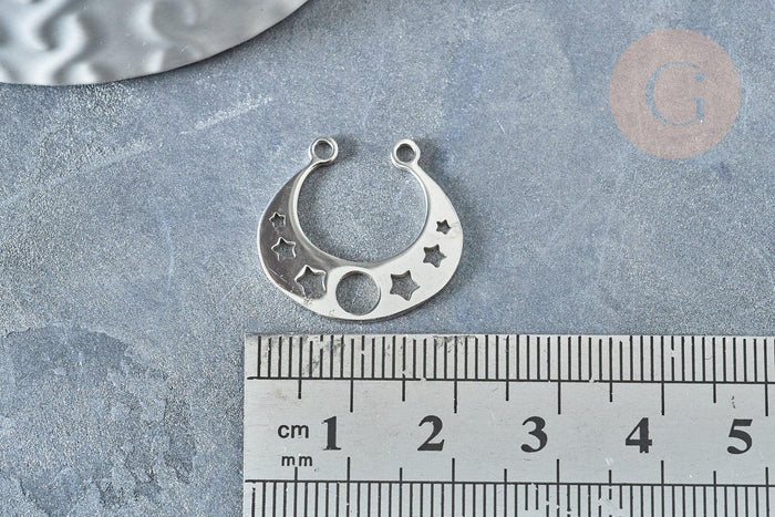Pendentif argenté torque lune et étoiles acier inoxydable 19mm, breloque acier inoxydable platine x1 G7605