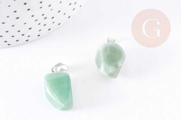 Pendentif aventurine verte naturelle roulé acier inoxydable platine 15-35mm, x1 (G4403)